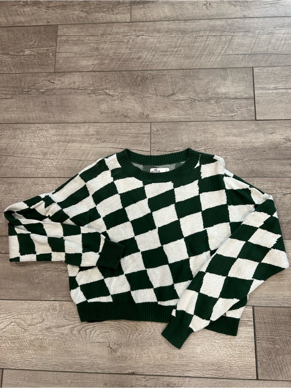 Hollister Green and White Checker Crewneck Sweater